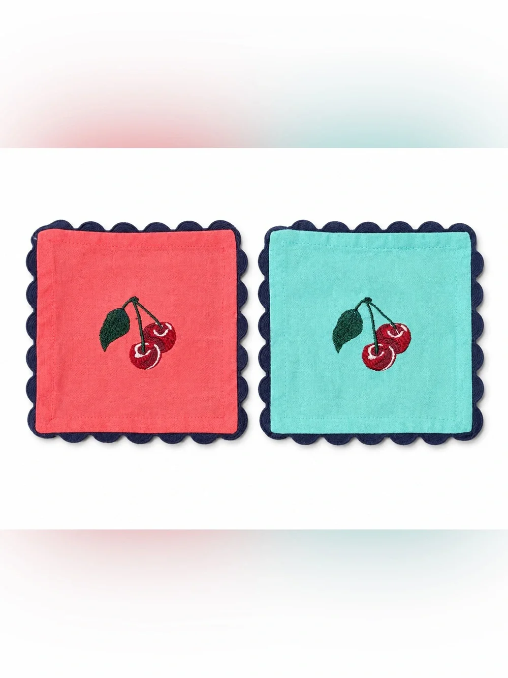Anthropologie Embroidered Cherry Scalloped Linen Coasters Set of 2